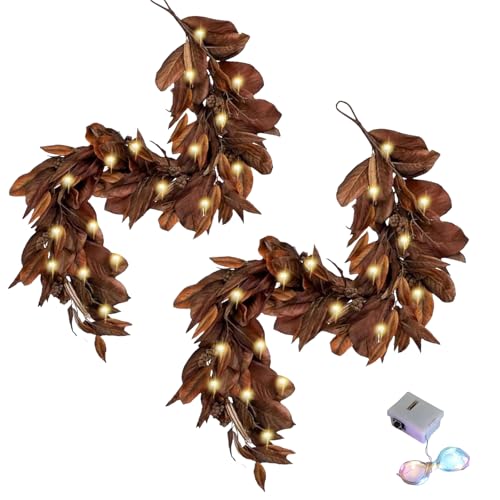 6ft Large Brown Magnolia Leaf Garlands, Artificial Magnolia Leaf Garland Fall Garland with Lights for Christmas & Thanksgiving Decorations (2pcs) von zoocco