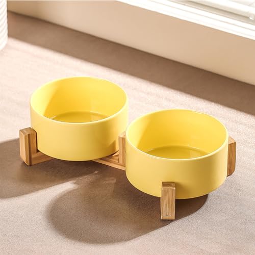 Ceramic Dog Bowl Elevated Set, Elevated Dog Bowls with Stand for Food & Water, Ceramic Dogs Bowls Elevateds for Small Medium Dogs and Home Décor 980 ML (Cream Yellow,L) von zoocco