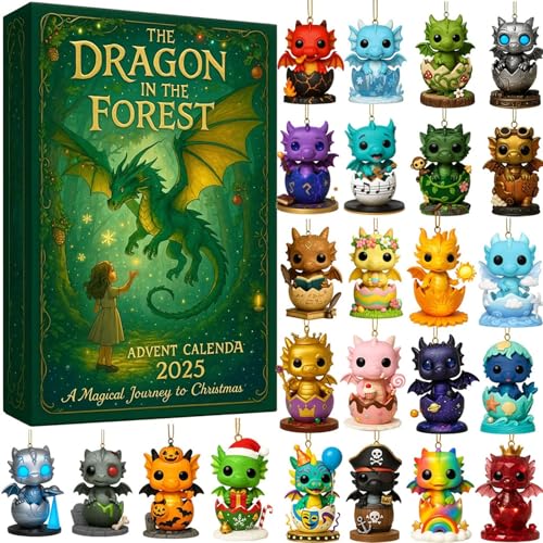 Dragon in the Forest Advent Calendar, Dragon Advent Calendar 2025 with 24 Unique Pendants, 2025 Advents Calendars for Kids Adults Fantasy Christmas Décor (1PCS) von zoocco