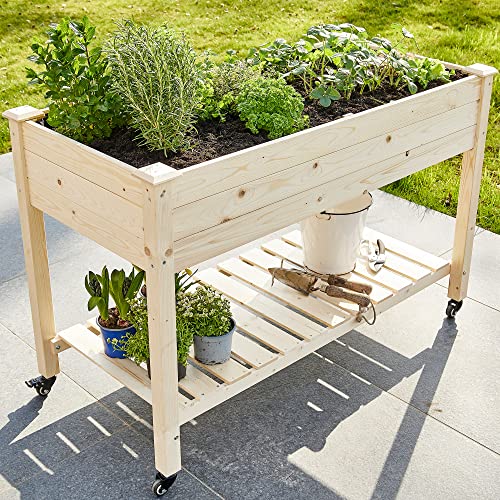 Premium Hochbeet mit praktischen Rollen – aus massivem Kiefernholz – perfekt für Garten/Terrasse/Balkon – mit Stabiler Ablage und Innenvlies – Hochbeet XXL von zooprinz