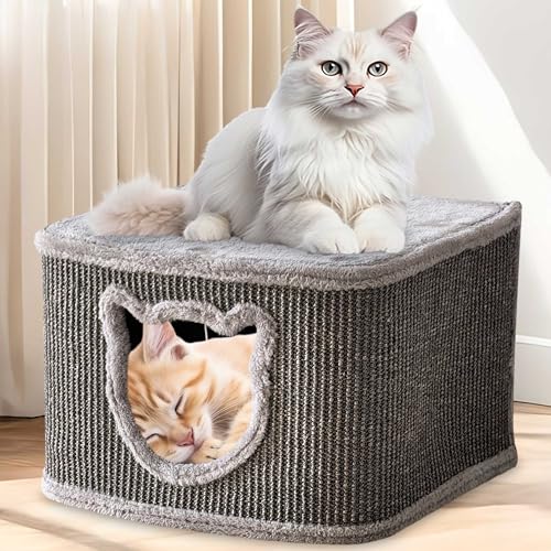zooprinz Premium Katzenhaus – Katzenkorb für Katze – mit dicken Sisal Wänden an der Katzenbox – Höhle mit weichem Plüsch und Spielball – Katzenkiste im skandinavischen Look (Grau) von zooprinz