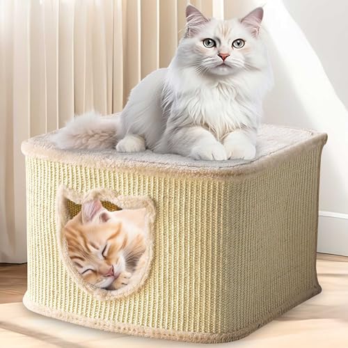 zooprinz Premium Katzenhaus – Katzenkorb für Katze – mit dicken Sisal Wänden an der Katzenbox – Höhle mit weichem Plüsch und Spielball – Katzenkiste im skandinavischen Look (Beige) von zooprinz