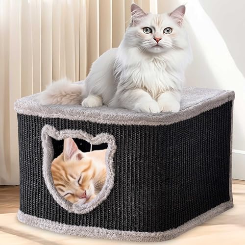 zooprinz Premium Katzenhaus – Katzenkorb für Katze – mit dicken Sisal Wänden an der Katzenbox – Höhle mit weichem Plüsch und Spielball – Katzenkiste im skandinavischen Look (Schwarz) von zooprinz