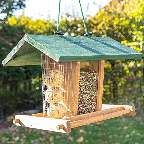 zooprinz Vogelhaus zum aufhängen – Vogelfutterspender mit stabilen Sitzstangen und Schutz-Dach für Wildvögel – witterungsbeständig und langlebig – Mit Seil von zooprinz