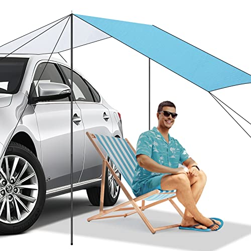 zootop Auto-Markise Sonnenschutz wasserdicht Zelt Campingplane Auto-Seitenmarkise Zelt mit 210D silberbeschichtetem Oxford-Stoff verstellbare Planenstangen für SUV Minivan 79 x 118 Zoll (Blau) von zootop