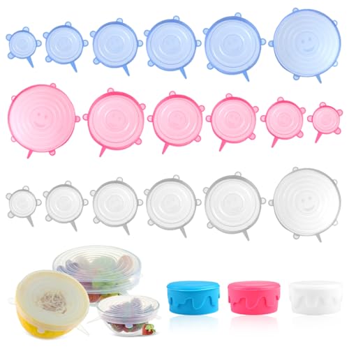 18 Stück Wiederverwendbar Dehnbare Silikondeckel, 19/16/14/11.5/9/6cm Rund Silicone Stretch Lids,Silikon Stretch Deckel Set,Verschiedenen Größen Silikondeckel Universal für Schalen,Gläser,Tassen,Obst von zorvixal