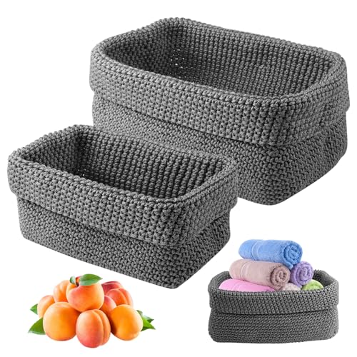 2 Stück Schminke Korb Grau, Stapelbare Häkelkorb, Regalkörbe für Handtücher Kosmetik, Badezimmer Aufbewahrungskorb, Kleine Körbchen Häkelkorb, für Schlafzimmer, Büro(29x15x18.5cm, 21x13x15.5cm ) von zorvixal