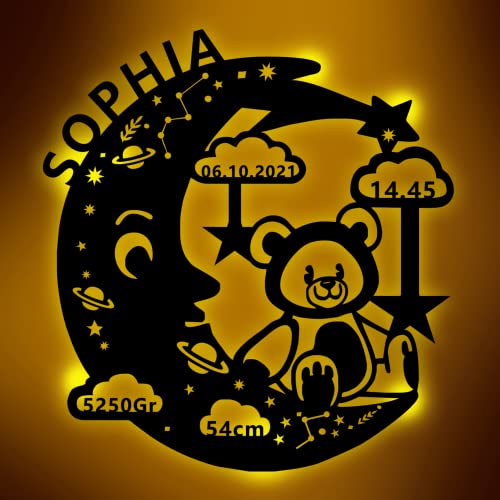zouwii Custom Slumber Light Personalisierte Mondbär Holzwand Mondlampe Namens I Geschenk Zur Geburt Taufe Für Jungen Und Mädchen Teddy Auf Mond Mit Geburtsdaten Holzwandlampe von zouwii