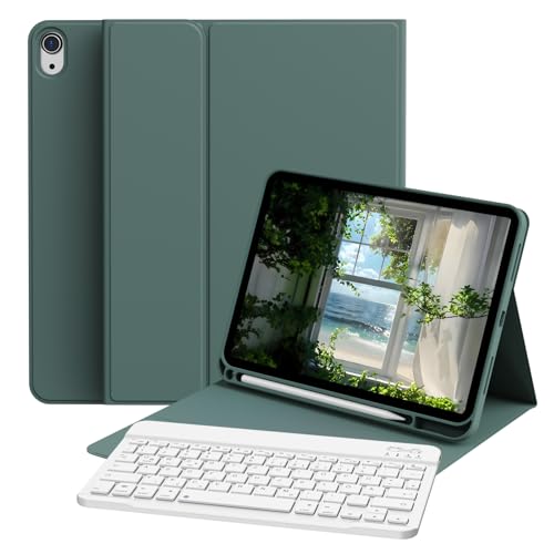 zoyu Hülle mit Tastatur für iPad A16 2025 11. Generation/iPad 10. Generation 2022 10,9 Zoll, Soft TPU Hülle mit Stifthalter, Magnetische Bluetooth Abnehmbar Tastatur, QWERTZ Layout, Dunkelgrün von zoyu