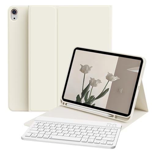 zoyu Hülle mit Tastatur für iPad A16 2025 11. Generation/iPad 10. Generation 2022 10,9 Zoll, Soft TPU Hülle mit Stifthalter, Magnetische Bluetooth Abnehmbar Tastatur, QWERTZ Layout, Cremeweiß von zoyu