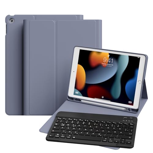 zoyu Hülle mit Tastatur für iPad 9./8./7. Generation 10,2 Zoll 2021/2020/2019, Magnetische Anti-Detach Tastatur mit Stifthalter, Flip Stand Cover iPad 10.2 Zoll Keyboard, QWERTZ Layout, Violett von zoyu