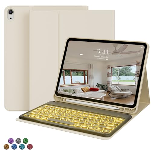 zoyu Für iPad Air 11-Zoll-Hülle mit Tastatur (M3/M2, 2025/2024) und Air 5./4. Generation 10,9 Zoll, 7-Farbige Hintergrundbeleuchtete Kabellose Abnehmbare Folio-Abdeckung mit Thin & Light, Weiß von zoyu