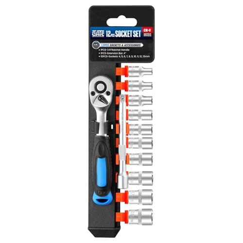 12-teiliger metrischer Steckschlüsselsatz mit 1/4-Zoll-Antrieb, 90-Zahn-Umschaltratschengriff, flache 6-Punkt-Stecknüsse (4–13 mm) und Verlängerungsstange 4 Zoll, CR-V-Stahl von zozoa