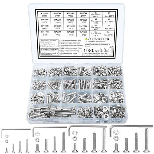zrfgbxim 1080 Senkkopfschrauben Muttern Set,M3 M4 M5 M6 Schrauben Set,Flachkopfschrauben Innensechskant Schrauben und Muttern Set mit Unterlegscheiben, Maschinenschrauben Sortiment, Gewindeschrauben von zrfgbxim