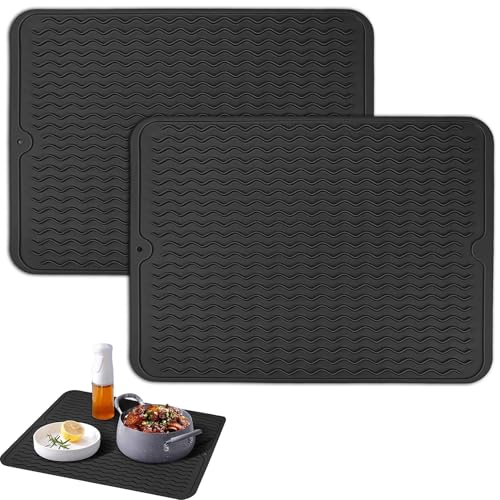 zrfgbxim 2 STK Silikon Abtropfmatte Geschirr Abtropfmatte Spüle, 40 x 30 cm hitzebeständiges Spülmatte, rutschfest Spülbeckenmatte, Geschirr Trockenmatte, Abtropfunterlage, Besteck Barmatten (Schwarz) von zrfgbxim