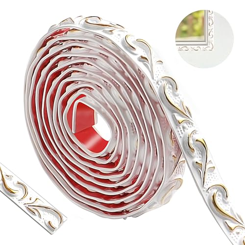 300cm Flexibel Stuckleisten Selbstklebend, Wasserdicht Zierleisten 3D Vintage Muster, Wandverkleidung für Heimdekoration (Weiß Mit Gold-2cm) 300cm Flexibel Stuckleisten Selbstklebend, Wasserdicht Zierleisten 3D Vintage Muster, Wandverkleidung für Heimdekoration (Weiß Mit Gold-2cm) von ztowoto