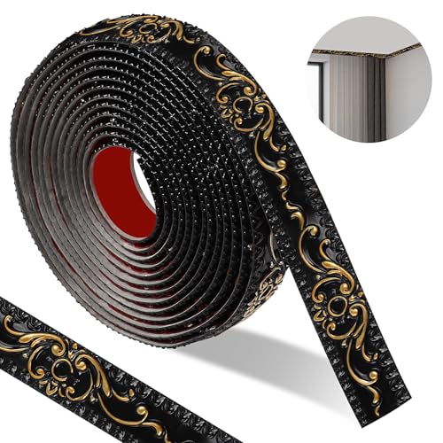 500*3.6cm Stuckleisten Wand Selbstklebend,3d Vintage Muster Wandleisten Selbstklebend, Flexibel Zierleisten Selbstklebend Wasserdicht,Wandleiste Selbstklebend Für Spiegelrahmen（Schwarzes-Gold） von ztowoto