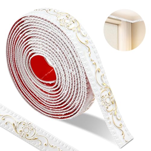 500 * 3.6cm Stuckleisten Wand Selbstklebend,3d Vintage Muster Wandleisten Selbstklebend, Flexibel Zierleisten Selbstklebend Wasserdicht,Wandleiste Selbstklebend Für Spiegelrahmen（Weiß-Gold Muster） von ztowoto