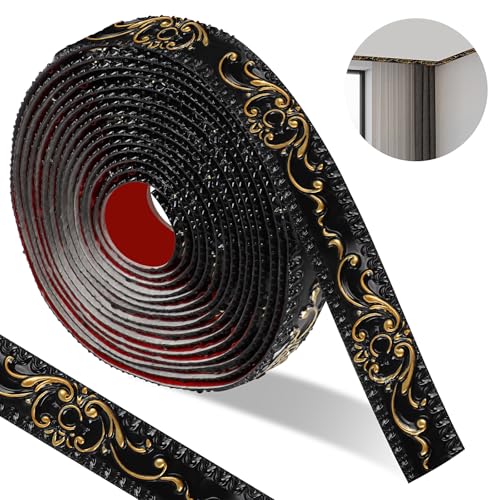 600*3.6cm Stuckleisten Wand Selbstklebend,3d Vintage Muster Wandleisten Selbstklebend, Flexibel Zierleisten Selbstklebend Wasserdicht,Wandleiste Selbstklebend Für Spiegelrahmen（Schwarzes-Gold） von ztowoto