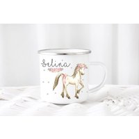 Kinderbecher Pferd Blumen Wunschname Emaille Oder Keramik Becher Kindertasse von zuckerputzig