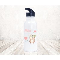 Trinkflasche Edelstahl Mit Strohhalm Eule Wunschname Aquarell Kindergarten - Schule Sport von zuckerputzig