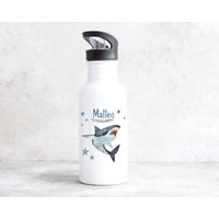 Trinkflasche Hai Edelstahl Mit Strohhalm Wunschname Kindergarten - Schule Sport Kindertrinkflasche von zuckerputzig