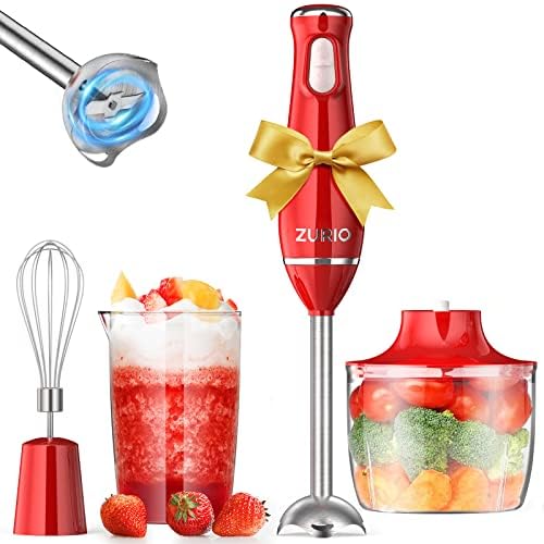 ZURIO Stabmixer Set, 4 in 1 Pürierstab Edelstahl 800 W, mit Schneebesen, 500ml Zerkleinerer, 600ml Messbecher, zum Zubereiten geeignet Babynahrung Suppen Gemüse, BPA-frei (rot) von zurio