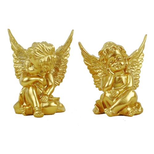 zweipappel Deko Engel Figur Gold Schutzengel Sitzend träumend 2er-Set Harz Dekofigur Engelpaar Engelkinder Dekoengel (Gold) von zweipappel