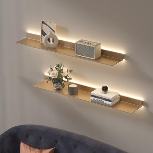 Schwebende Regale zur Wandmontage, lichtemittierende Wandregale aus Metall mit integriertem beleuchtetem LED-Licht für Bar-Arbeitsplatte im Badezimmer, 1 Stück,Gold,150x23cm von zwhlwlsd