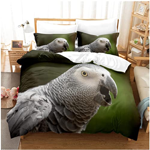 Papageien-Bettbezug-Set, schönes graues Papageien-Themen-Bettwäsche-Set für Kinder und Erwachsene, Baum-Vogel-Bettdeckenbezug mit Kissenbezügen 135x200cm Einzel von zxiany