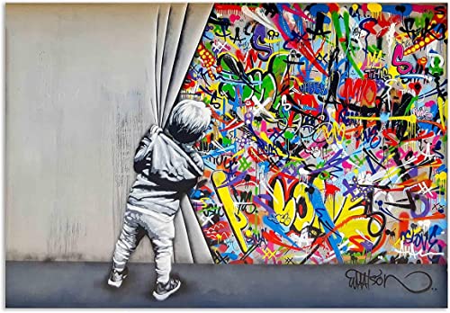 zxiany Wandbilder Bilder Banksy like Junge hinter dem Vorhang Wandbild auf Leinwand,Streetart graffiti Kunstdruck Wanddekoration 90x130cm Kein Rahmen-2 von zxiany