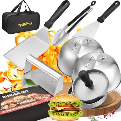 zycBernoi Smash Burger Set [8-TLG.] Burger Smasher Set mit 2 Burgerglocken, Burgerpresse, Smasher, Pfannenwender, Grillzange für Plancha,Grillplatte,Gasgrill & Feuerplatte - Inkl. Aufbewahrungstasche von zycBernoi