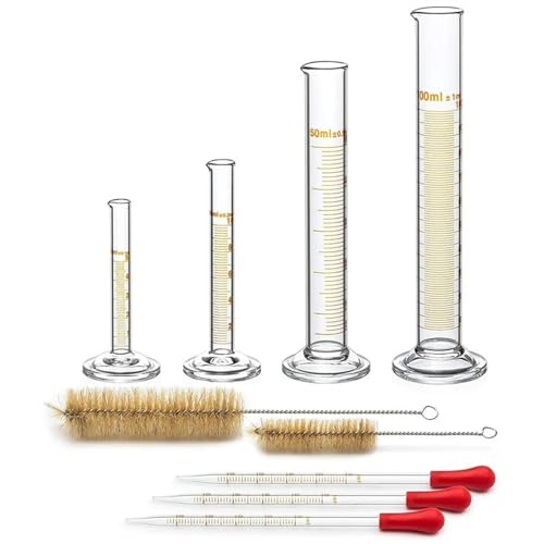 4 Messzylinder – 5 ml, 10 ml, 50 ml, 100 ml – Premium-Glas – enthält 2 Reinigungsbürsten + 3 x 1 ml Glaspipetten von zyzZSRHZYZ